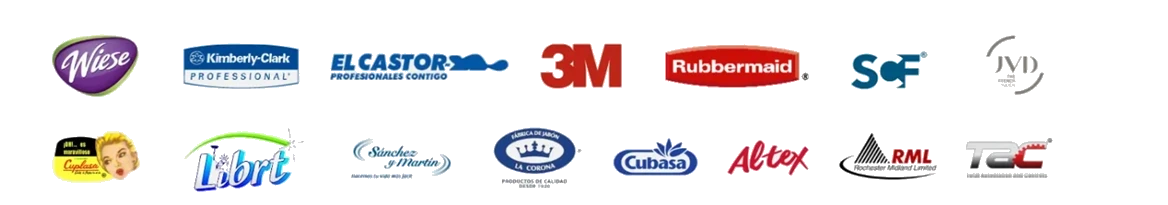 Marcas que distribuye Prolimp: Wiese, Kimberly-Clark Professional, El Castor, 3M, Rubbermaid, SCF, JVD, Cuplaza, Libra, Sánchez y Martín, La Corona, Cubasa, Altex, RML y TAC