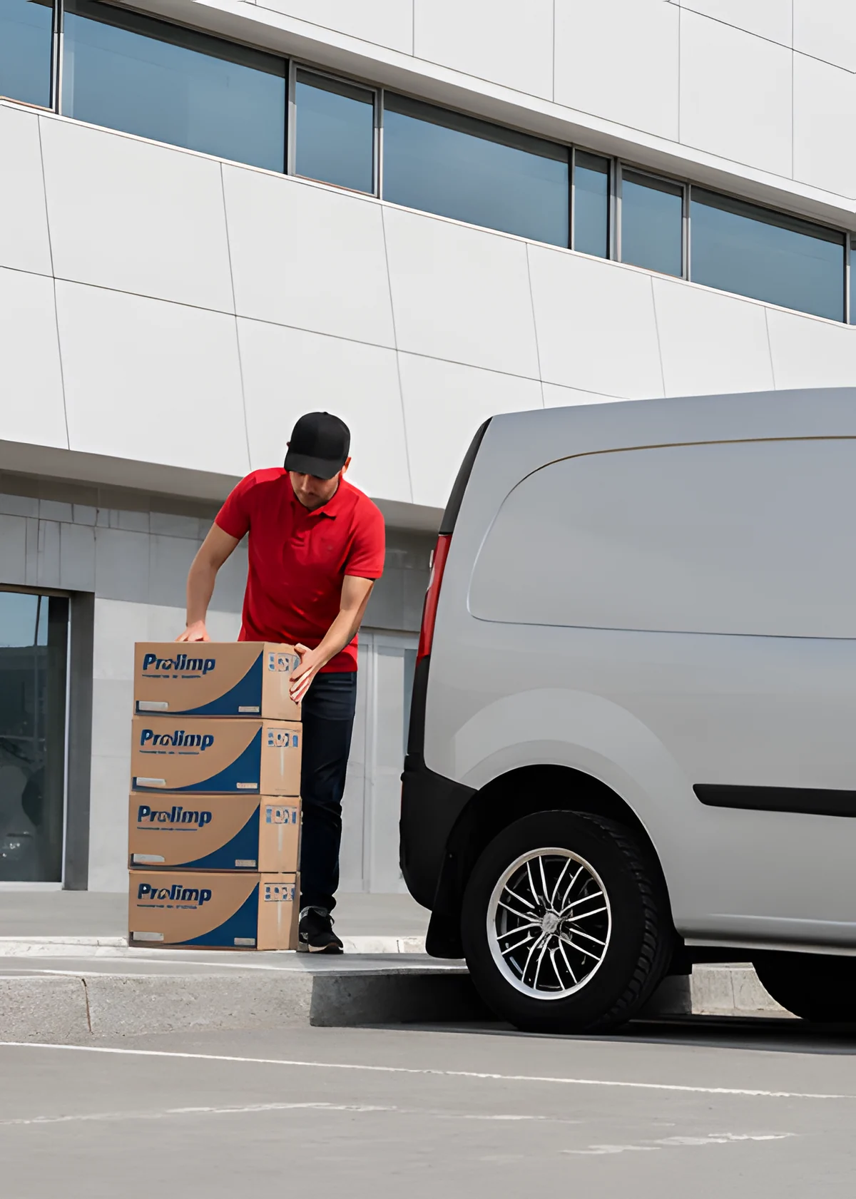 Repartidor cargando cajas Prolimp en una camioneta