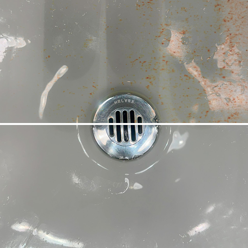 Sarricida Sarriprol. Antes y después de uso en lavabo